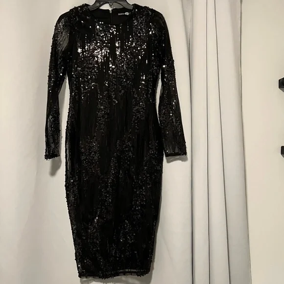 knee length dresses for ladies Galaxy Black Sequin Turtle-Neck Long-Sleeve Maxi Dress – Club L London main image 1